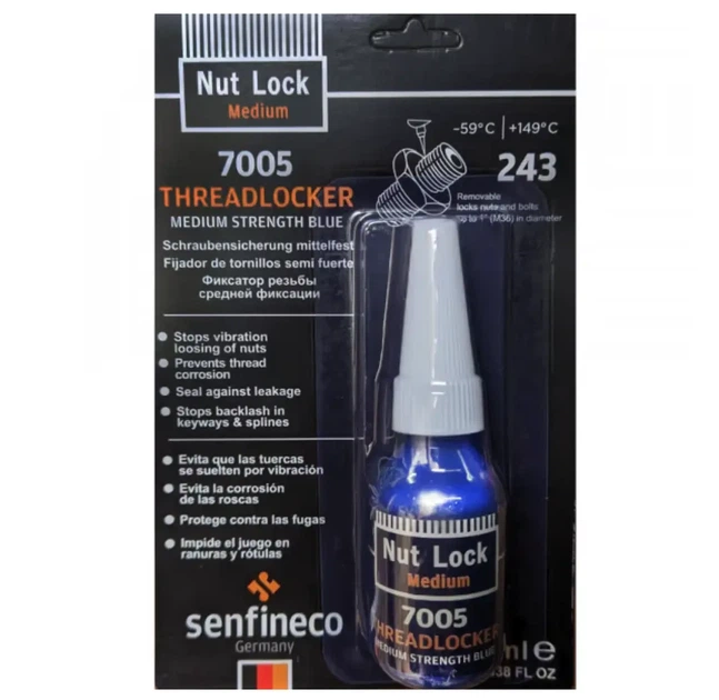 Однокомпонентний синій різьбовий фіксатор Senfineco 7005 Threadlocker Medium Blue 10 мл