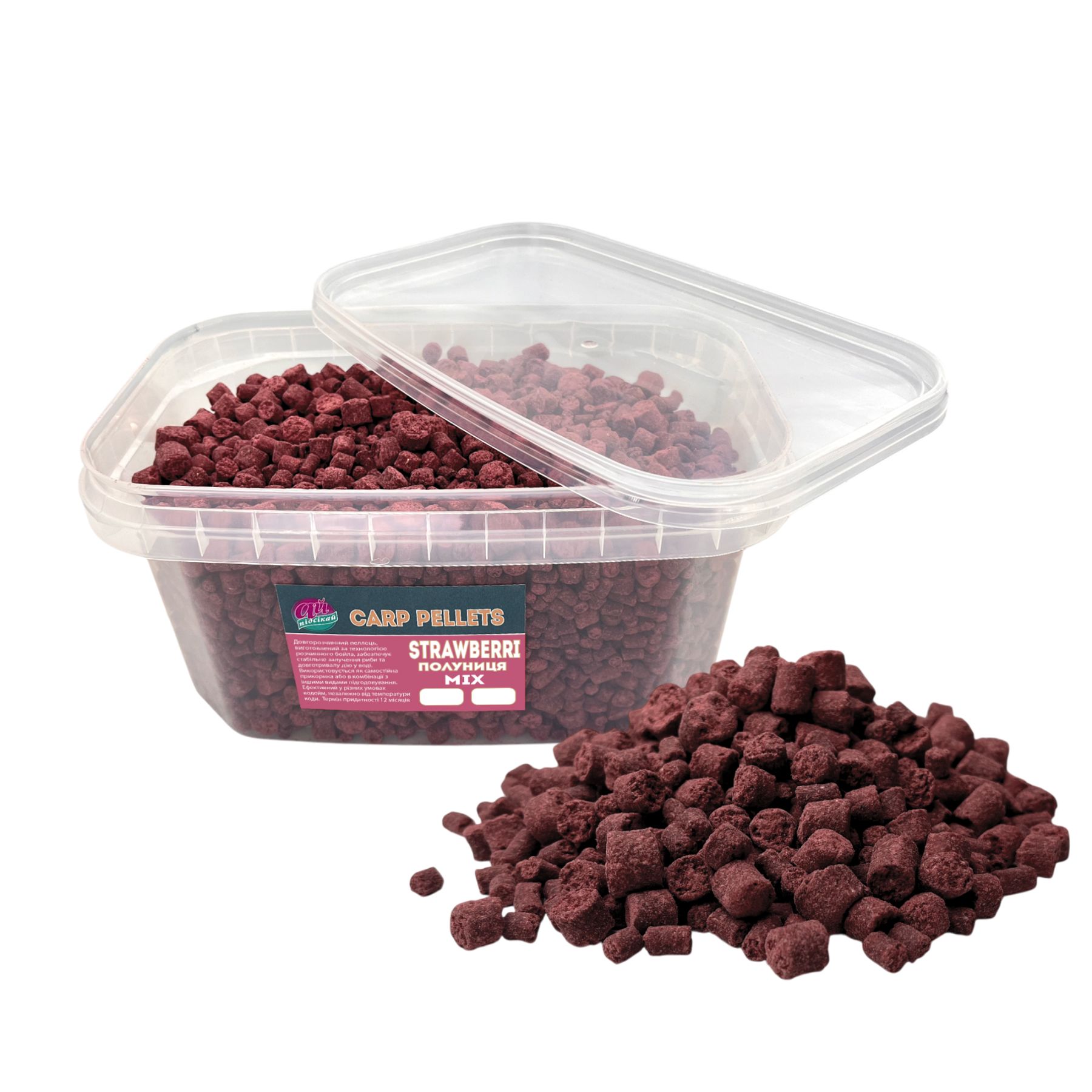 Прикормка на коропа – купити прикормку для ловлі коропа | Plario Carp Pellets Ай підсікай, Strawberri / полуниця, мікс 6 - 10 - 14 мм. 2000 грам